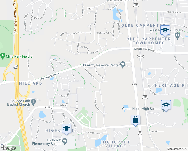 map of restaurants, bars, coffee shops, grocery stores, and more near 1332 Cozy Oak Avenue in Cary