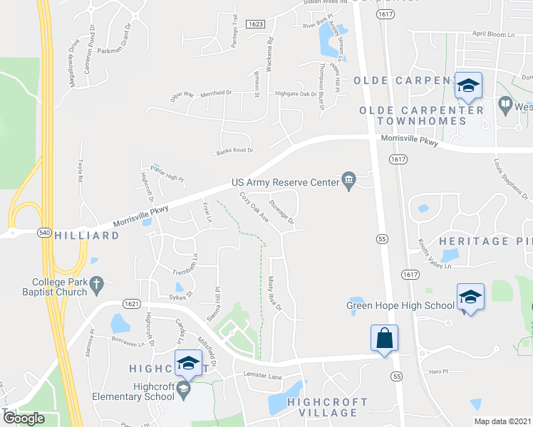 map of restaurants, bars, coffee shops, grocery stores, and more near 1332 Cozy Oak Avenue in Cary