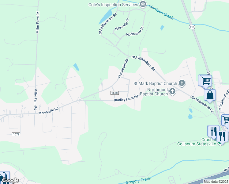 map of restaurants, bars, coffee shops, grocery stores, and more near Manley Lane in Statesville