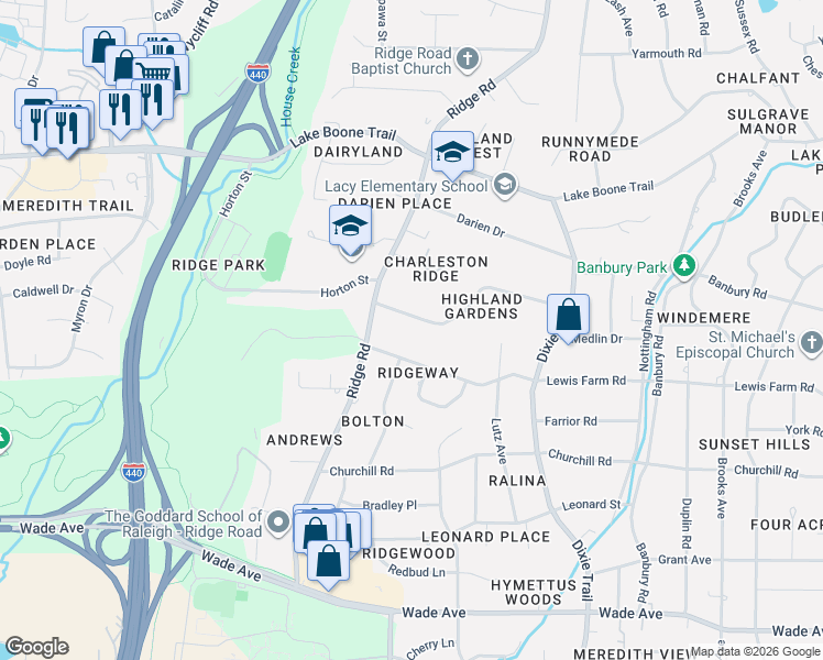 map of restaurants, bars, coffee shops, grocery stores, and more near 3410 Lewis Farm Road in Raleigh