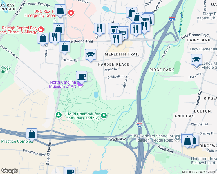 map of restaurants, bars, coffee shops, grocery stores, and more near 2007 Nancy Ann Drive in Raleigh
