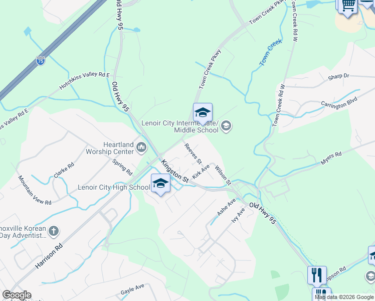 map of restaurants, bars, coffee shops, grocery stores, and more near 1502 Old Highway 95 in Lenoir City