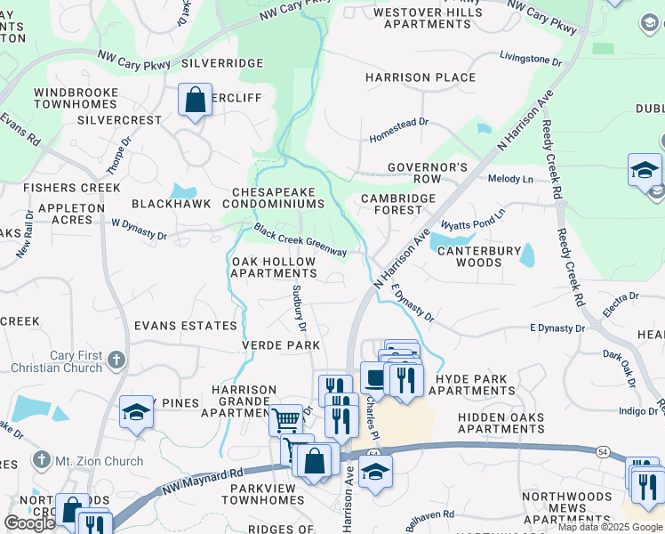 map of restaurants, bars, coffee shops, grocery stores, and more near 118 Northington Place in Cary