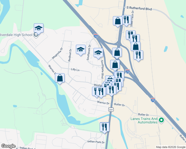 map of restaurants, bars, coffee shops, grocery stores, and more near 326 Lilly Lane in Murfreesboro