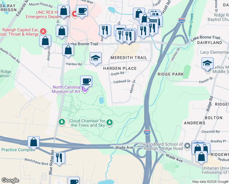 map of restaurants, bars, coffee shops, grocery stores, and more near 2007 Nancy Ann Drive in Raleigh