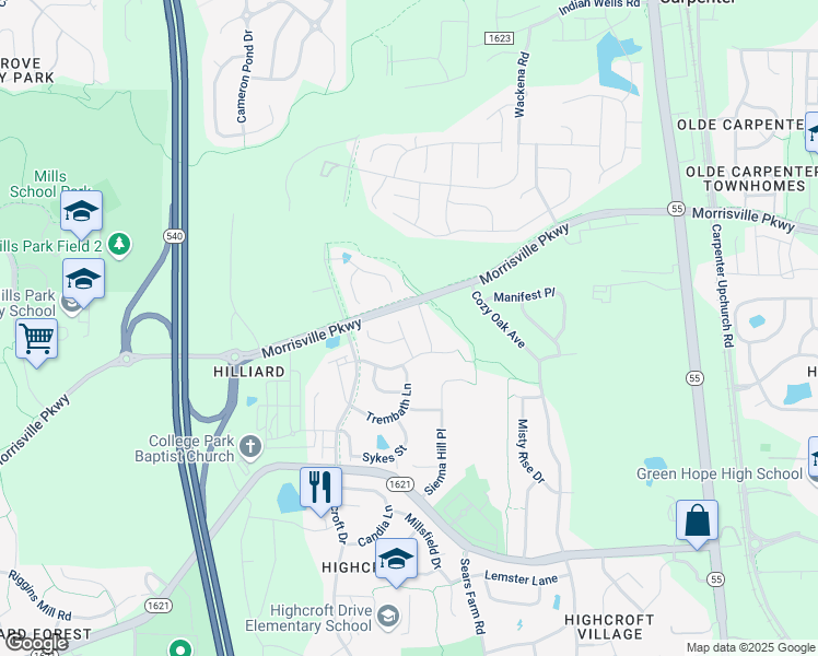 map of restaurants, bars, coffee shops, grocery stores, and more near 5713 Hurkett Court in Cary