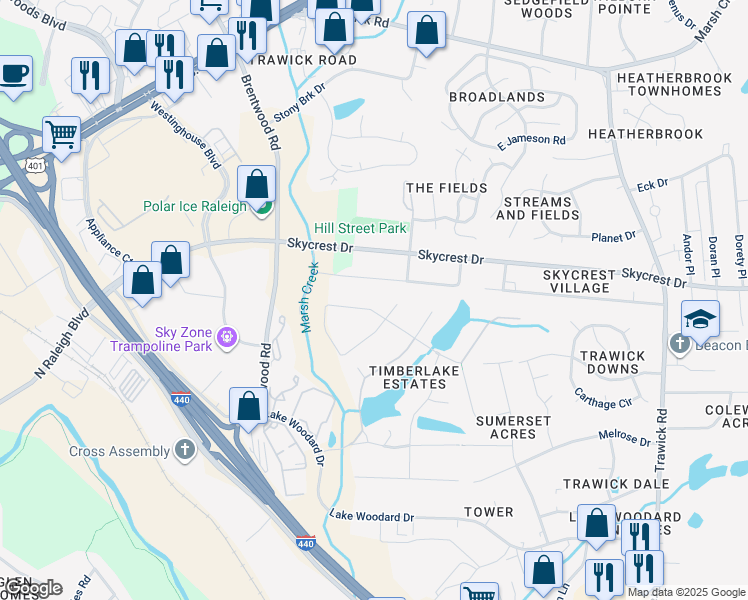map of restaurants, bars, coffee shops, grocery stores, and more near 3121 Piedmont Drive in Raleigh