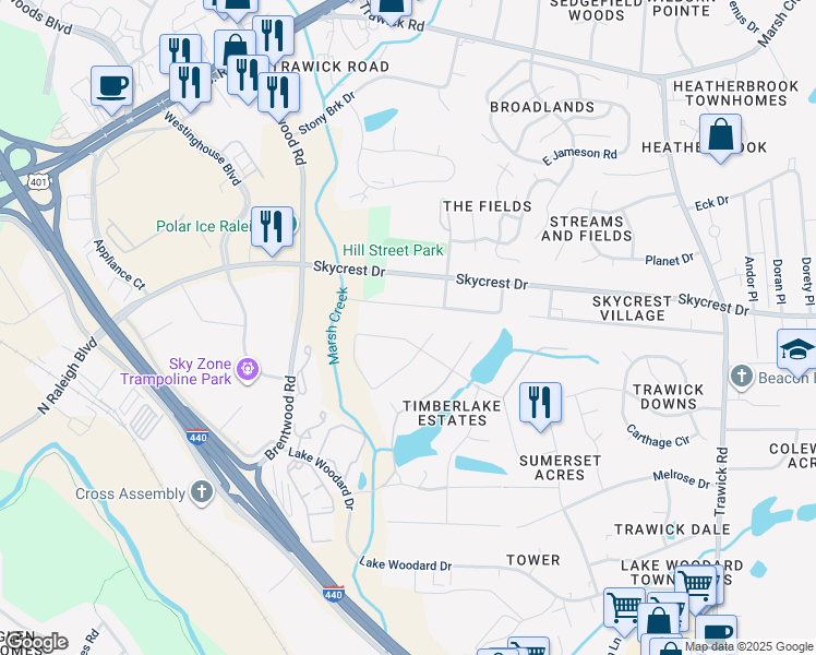 map of restaurants, bars, coffee shops, grocery stores, and more near 3121 Piedmont Drive in Raleigh