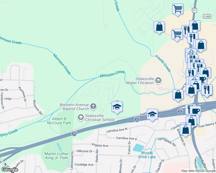 map of restaurants, bars, coffee shops, grocery stores, and more near 1327 Radio Road in Statesville