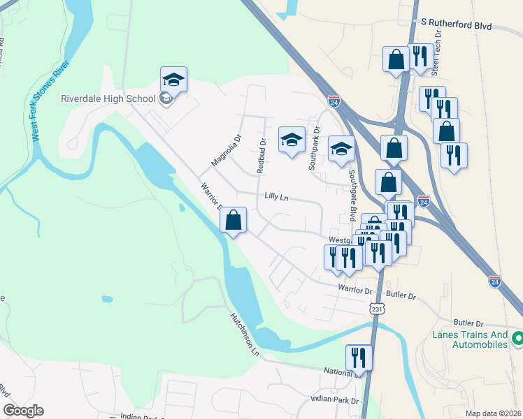 map of restaurants, bars, coffee shops, grocery stores, and more near 504 Westgate Boulevard in Murfreesboro