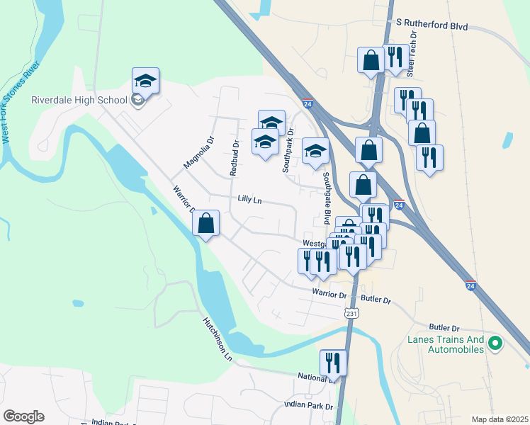 map of restaurants, bars, coffee shops, grocery stores, and more near 410 Jonquil Court in Murfreesboro