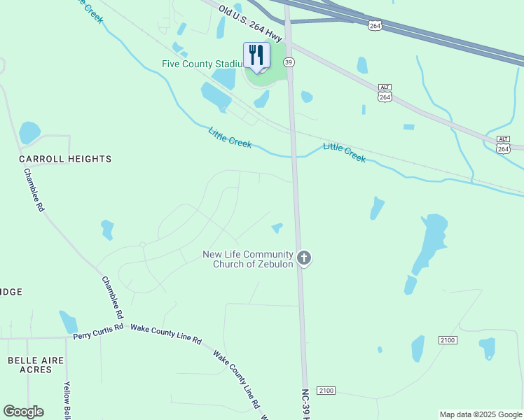 map of restaurants, bars, coffee shops, grocery stores, and more near 15335 North Carolina 39 in Zebulon