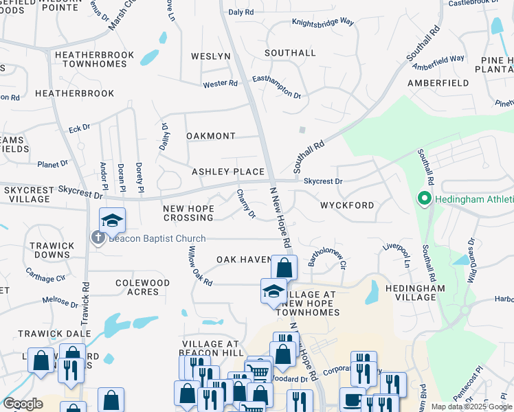 map of restaurants, bars, coffee shops, grocery stores, and more near 4316 Mantua Way in Raleigh
