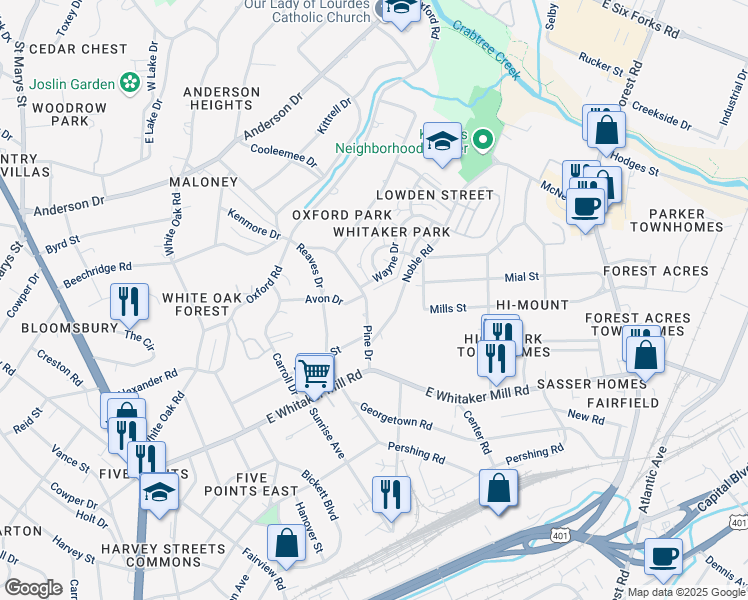 map of restaurants, bars, coffee shops, grocery stores, and more near 2012 Pine Drive in Raleigh