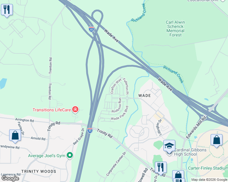map of restaurants, bars, coffee shops, grocery stores, and more near 1401 Van Page Boulevard in Raleigh