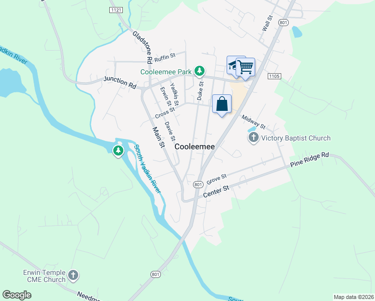 map of restaurants, bars, coffee shops, grocery stores, and more near 261 Duke Street in Mocksville