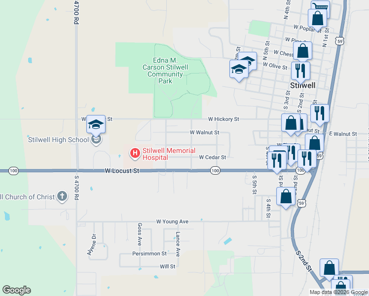 map of restaurants, bars, coffee shops, grocery stores, and more near 1004 West Elm Street in Stilwell