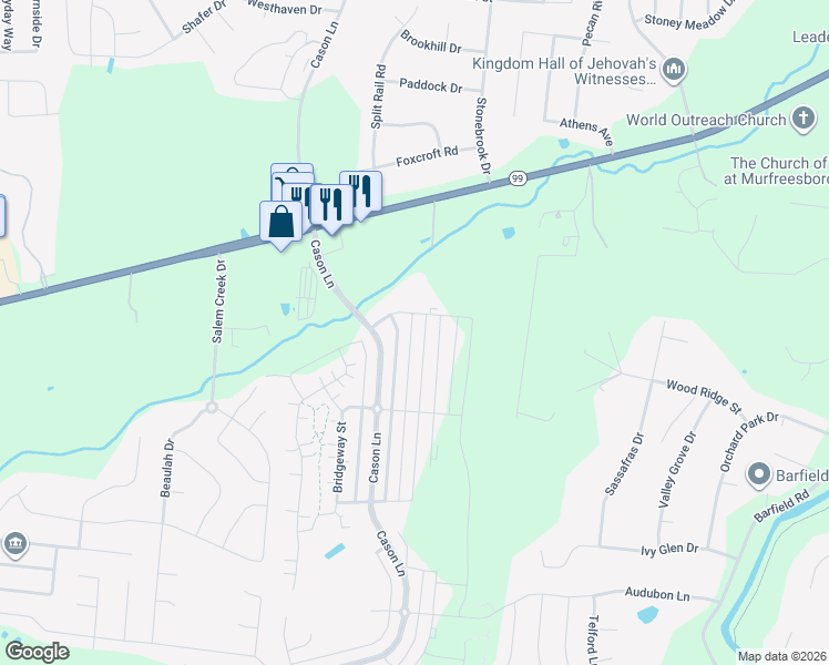 map of restaurants, bars, coffee shops, grocery stores, and more near 2132 Welltown Lane in Murfreesboro