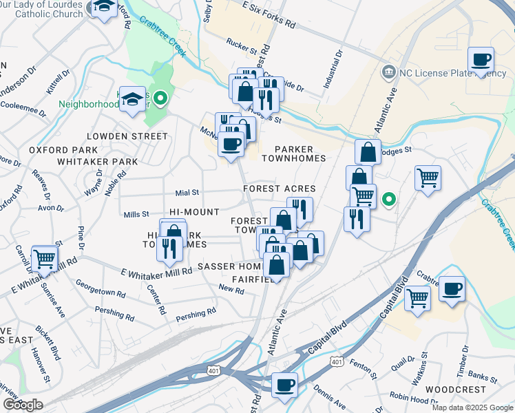 map of restaurants, bars, coffee shops, grocery stores, and more near 2042 Wake Forest Road in Raleigh