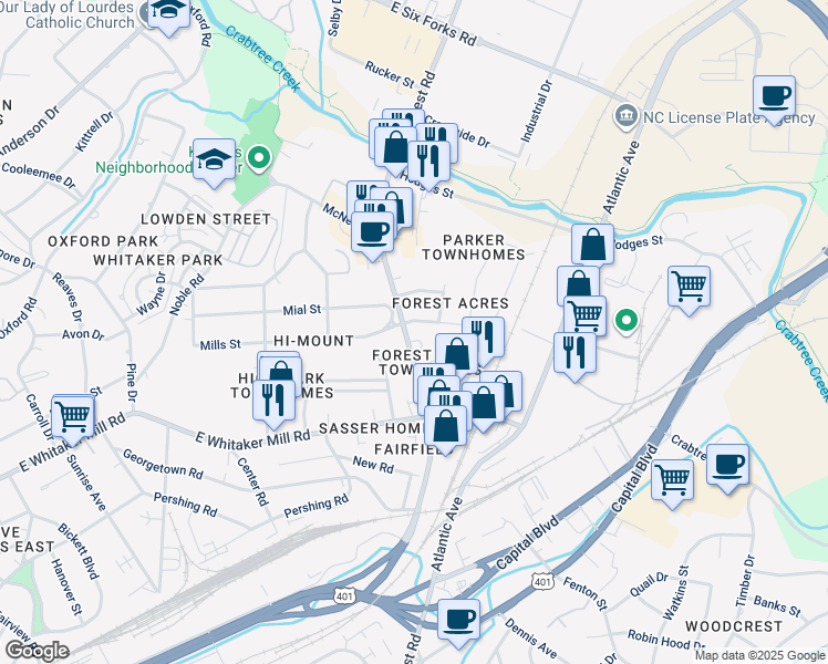 map of restaurants, bars, coffee shops, grocery stores, and more near 2042 Wake Forest Road in Raleigh