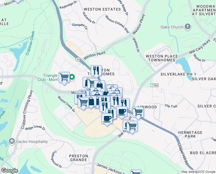 map of restaurants, bars, coffee shops, grocery stores, and more near 1100 Cameron Chase Drive in Morrisville