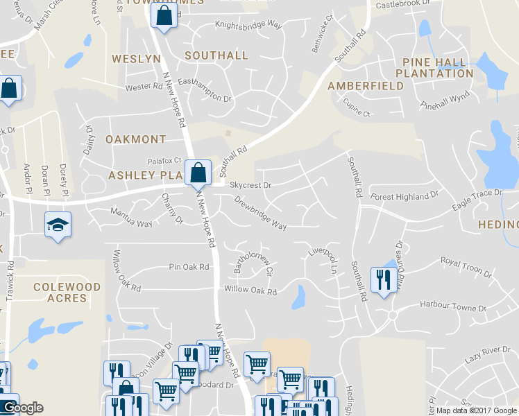 map of restaurants, bars, coffee shops, grocery stores, and more near 4541 Dilford Drive in Raleigh