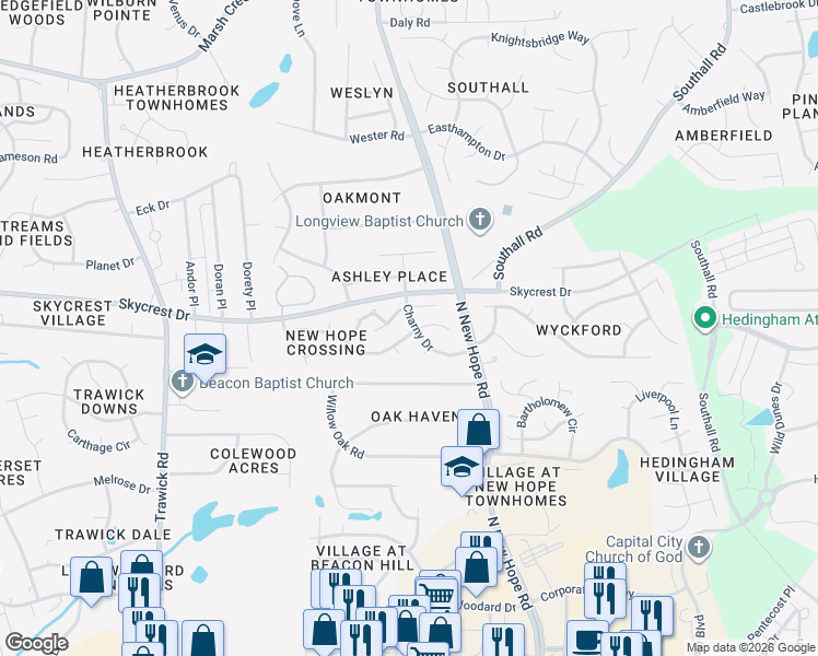 map of restaurants, bars, coffee shops, grocery stores, and more near 2111 Glassville Court in Raleigh