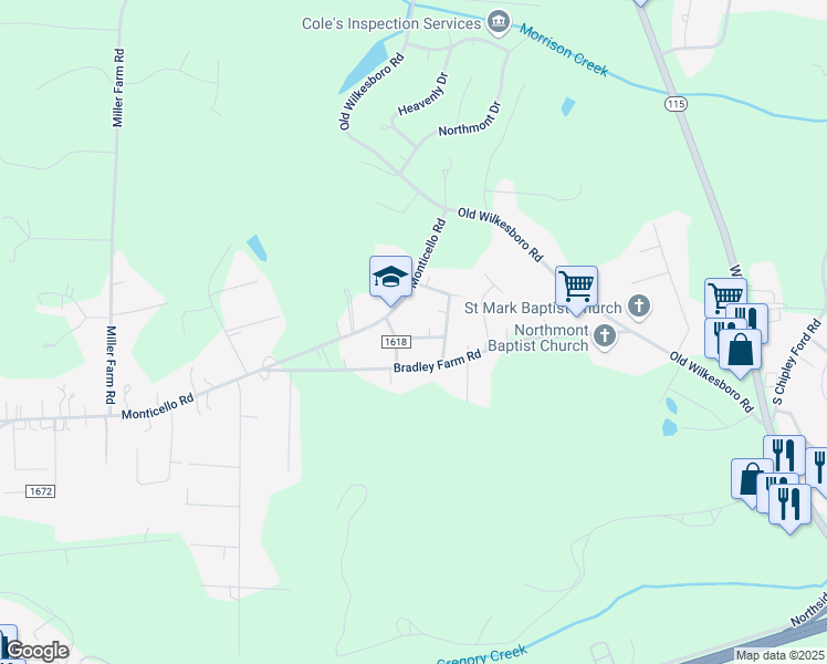 map of restaurants, bars, coffee shops, grocery stores, and more near 116 Bancroft Lane in Statesville