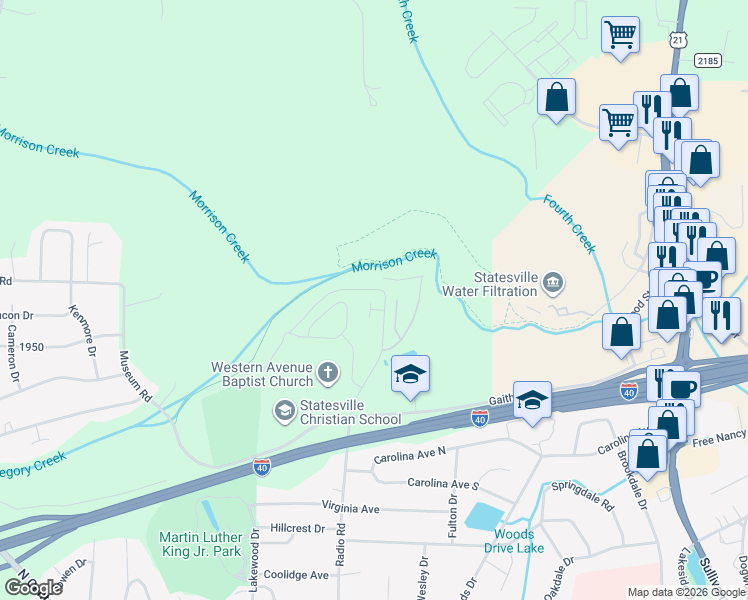 map of restaurants, bars, coffee shops, grocery stores, and more near 1327 Radio Road in Statesville