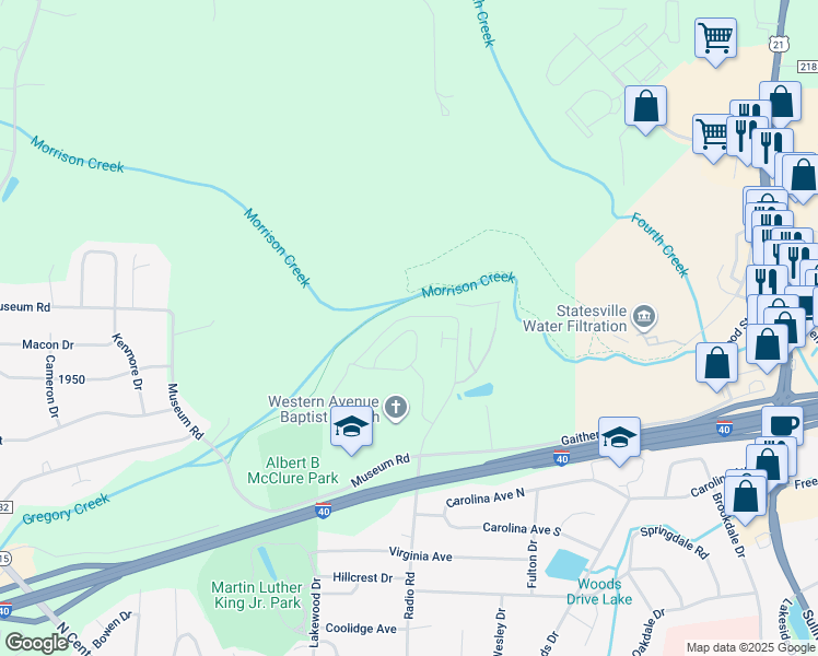 map of restaurants, bars, coffee shops, grocery stores, and more near 1360 Royalty Circle in Statesville