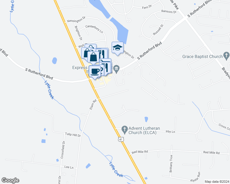 map of restaurants, bars, coffee shops, grocery stores, and more near 1815 Thomas Court in Murfreesboro