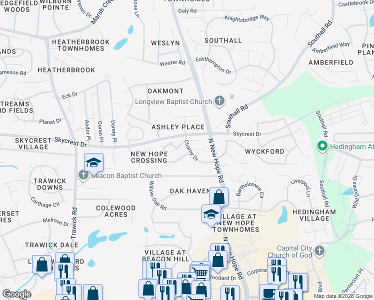 map of restaurants, bars, coffee shops, grocery stores, and more near 2111 Glassville Court in Raleigh