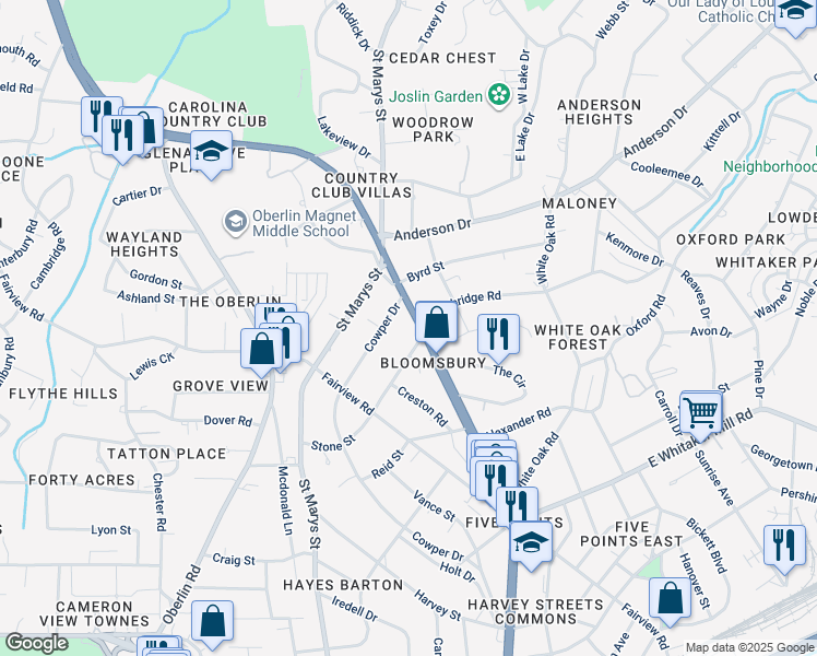 map of restaurants, bars, coffee shops, grocery stores, and more near 2105 Glenwood Avenue in Raleigh