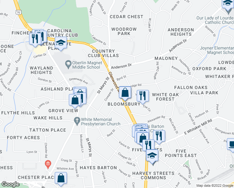 map of restaurants, bars, coffee shops, grocery stores, and more near 2105 Glenwood Avenue in Raleigh