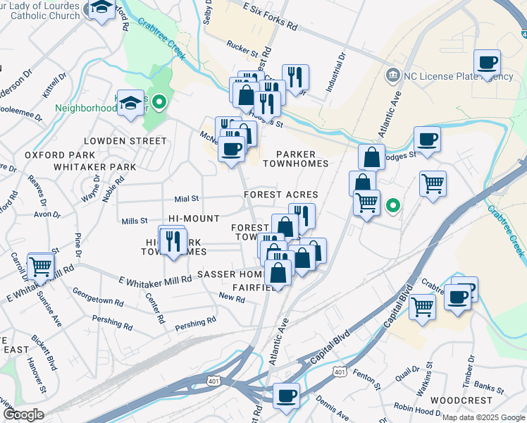 map of restaurants, bars, coffee shops, grocery stores, and more near 806 Mills Street in Raleigh