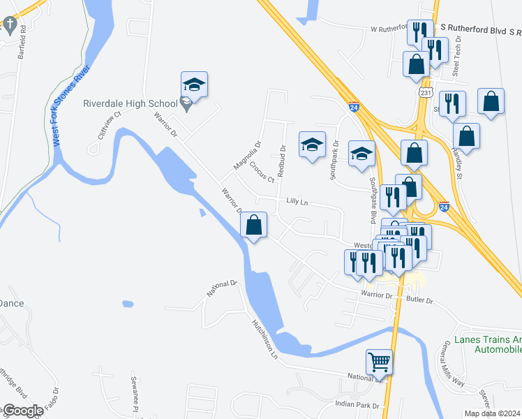 map of restaurants, bars, coffee shops, grocery stores, and more near 1811 Daisy Court in Murfreesboro