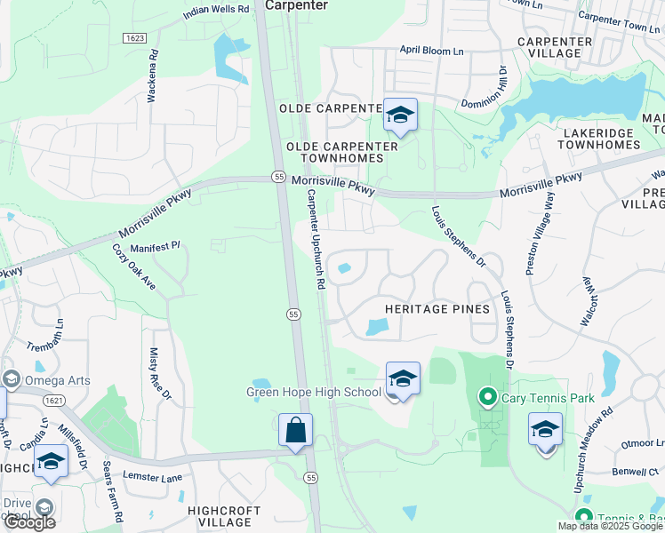 map of restaurants, bars, coffee shops, grocery stores, and more near 305 Sawgrass Hill Court in Cary