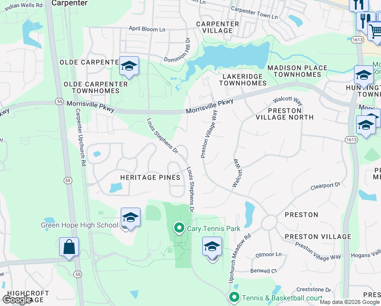 map of restaurants, bars, coffee shops, grocery stores, and more near 208 Muir Brook Place in Cary