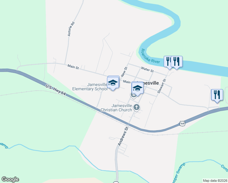 map of restaurants, bars, coffee shops, grocery stores, and more near 1220 Hardison Drive in Jamesville