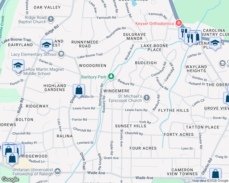 map of restaurants, bars, coffee shops, grocery stores, and more near 1612 Brooks Avenue in Raleigh