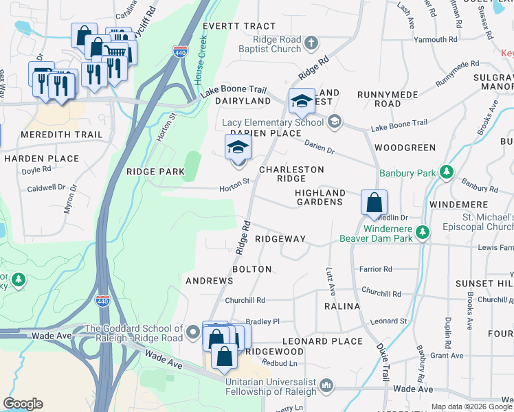 map of restaurants, bars, coffee shops, grocery stores, and more near 3244 Birnamwood Road in Raleigh