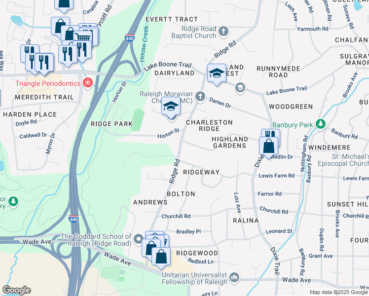 map of restaurants, bars, coffee shops, grocery stores, and more near 3244 Birnamwood Road in Raleigh