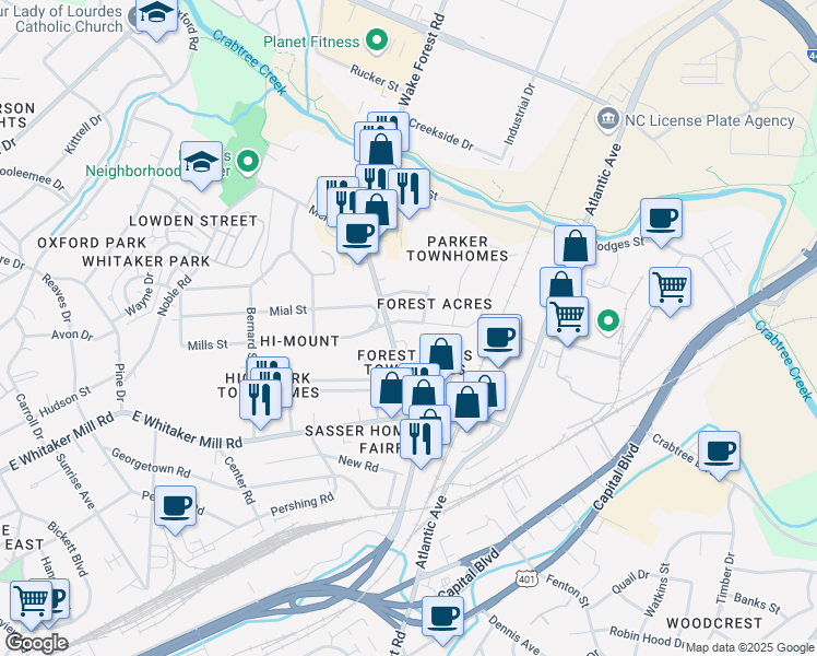 map of restaurants, bars, coffee shops, grocery stores, and more near 806 Mills Street in Raleigh