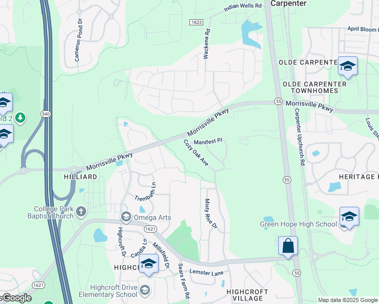 map of restaurants, bars, coffee shops, grocery stores, and more near 1357 Cozy Oak Avenue in Cary