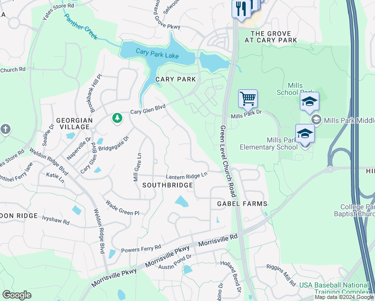map of restaurants, bars, coffee shops, grocery stores, and more near 128 Lantern Ridge Lane in Cary