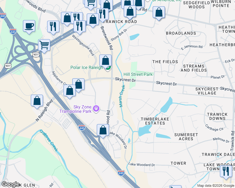 map of restaurants, bars, coffee shops, grocery stores, and more near 2420 Brentwood Road in Raleigh