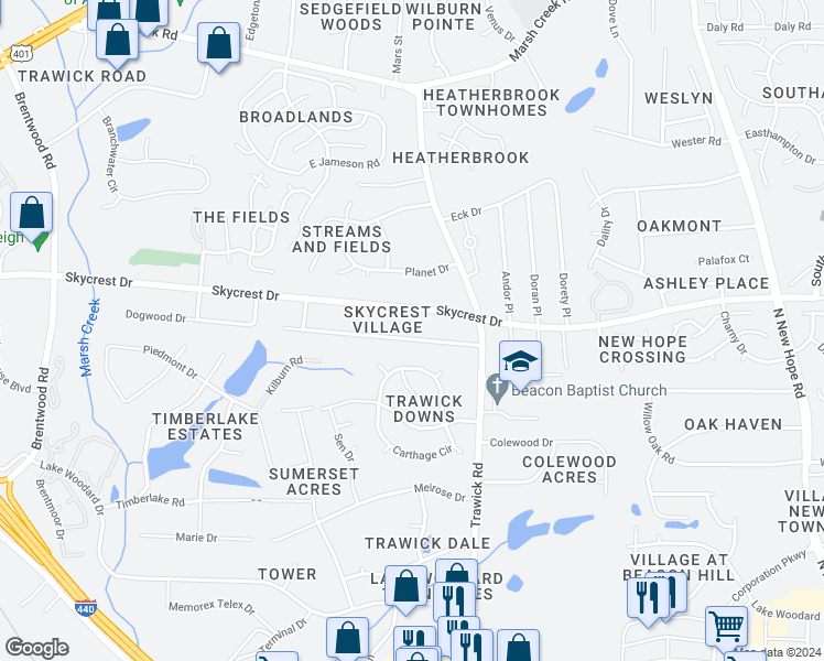 map of restaurants, bars, coffee shops, grocery stores, and more near 3425 Dogwood Drive in Raleigh