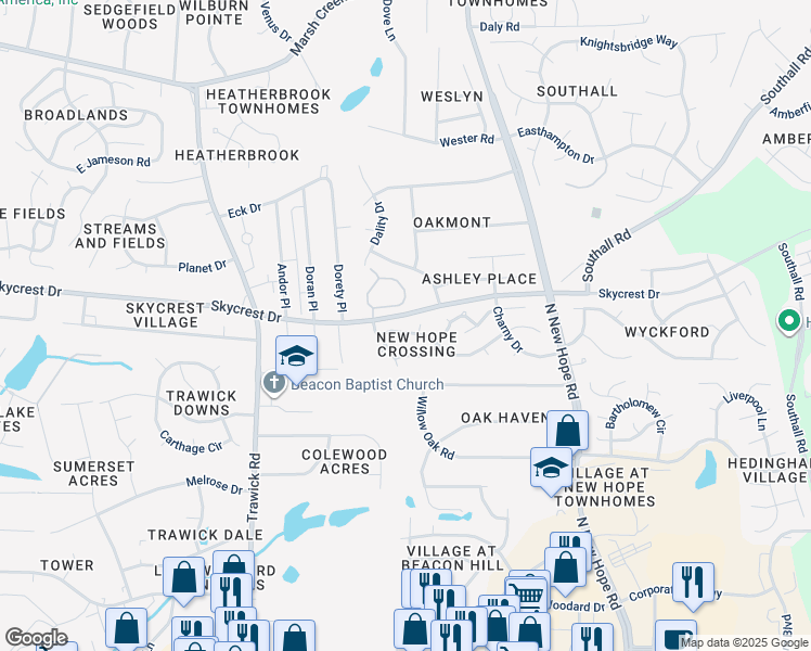 map of restaurants, bars, coffee shops, grocery stores, and more near 4021 Mantua Way in Raleigh