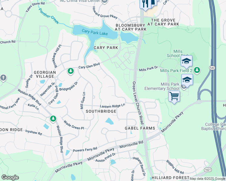 map of restaurants, bars, coffee shops, grocery stores, and more near 128 Lantern Ridge Lane in Cary