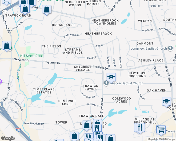 map of restaurants, bars, coffee shops, grocery stores, and more near 3425 Dogwood Drive in Raleigh